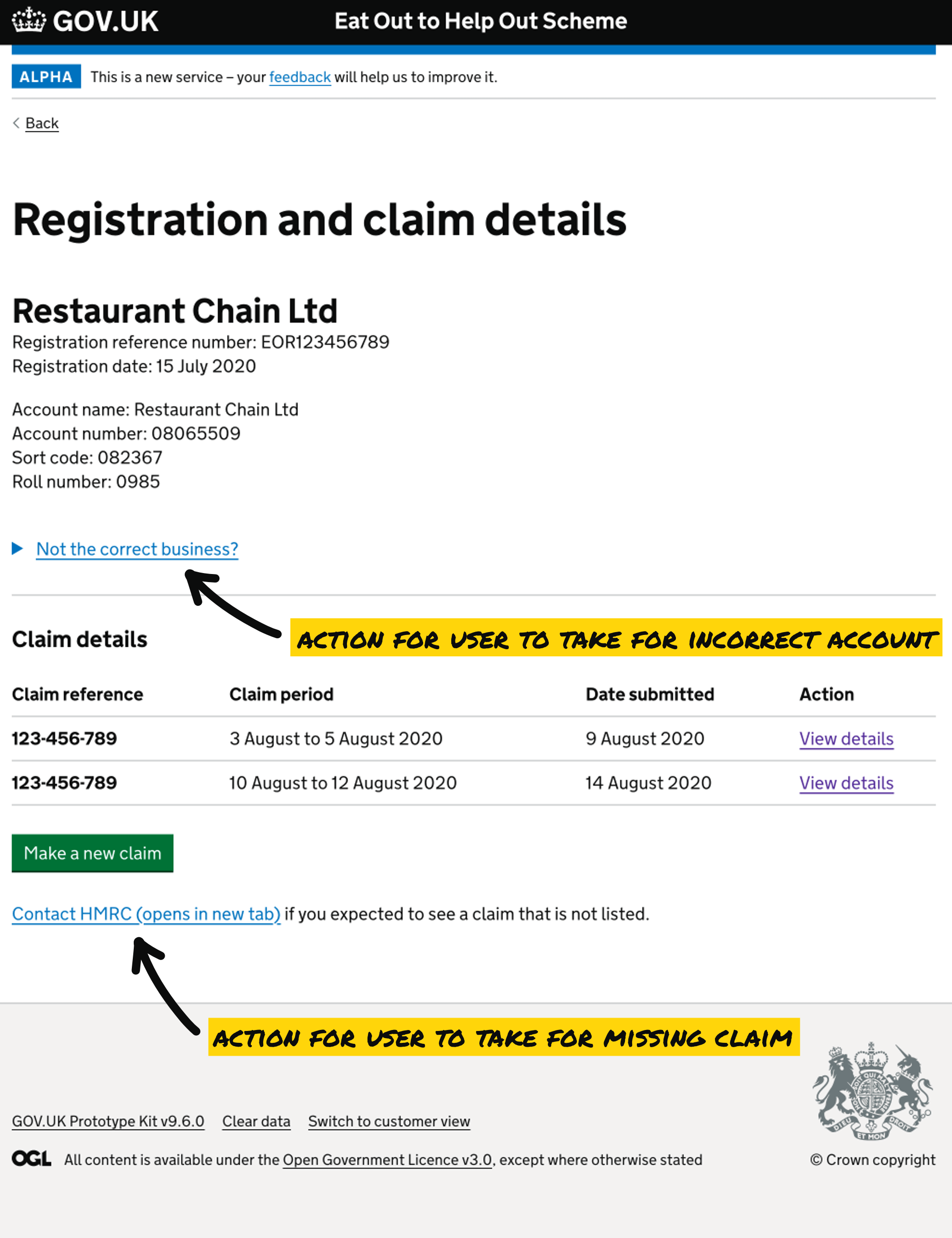 An image of a screen displaying the registration and claim details for the Eat Out to Help Out service.