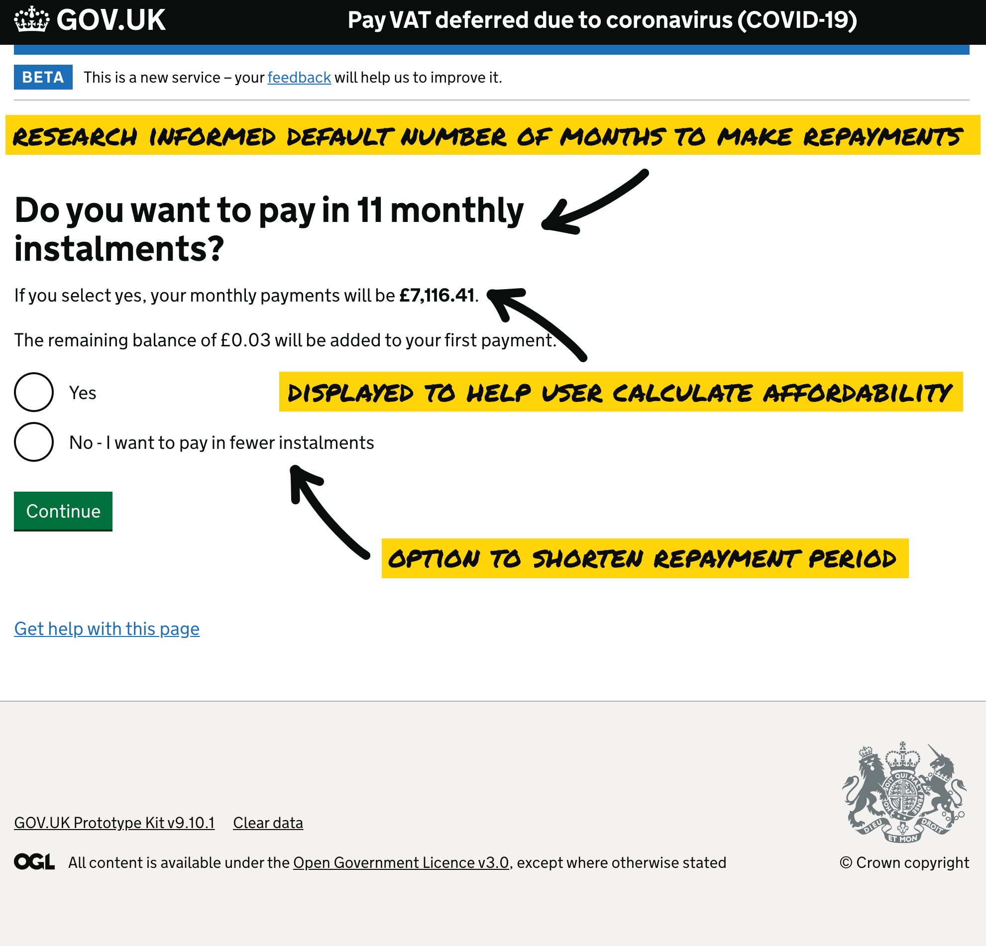 An image of a screen for the Pay VAT deferred due to coronavirus (COVID-19) service showing a customer choice to pay over an 11 month period.