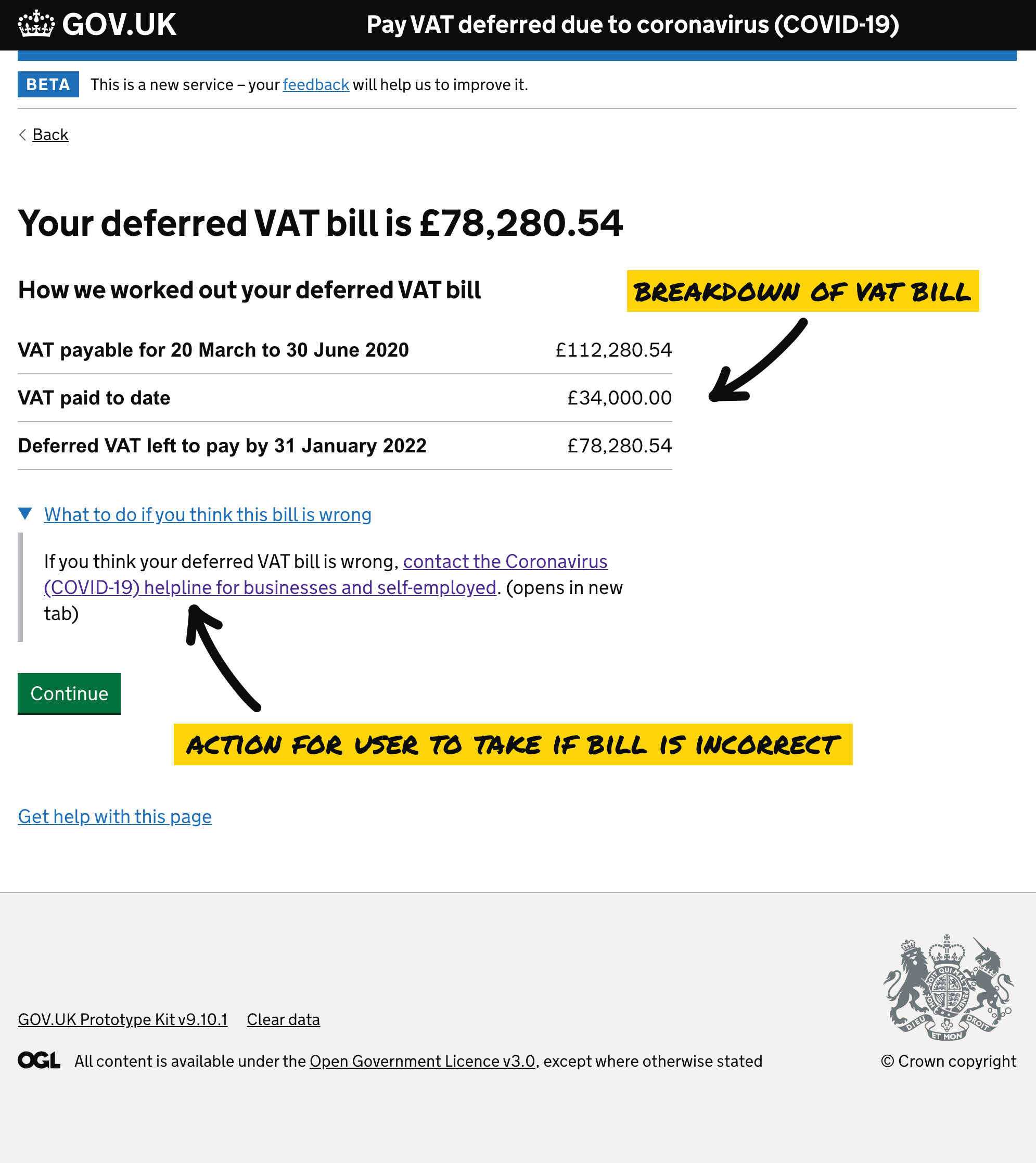 An image of a screen for the Pay VAT deferred due to coronavirus (COVID-19) service showing a bill total.